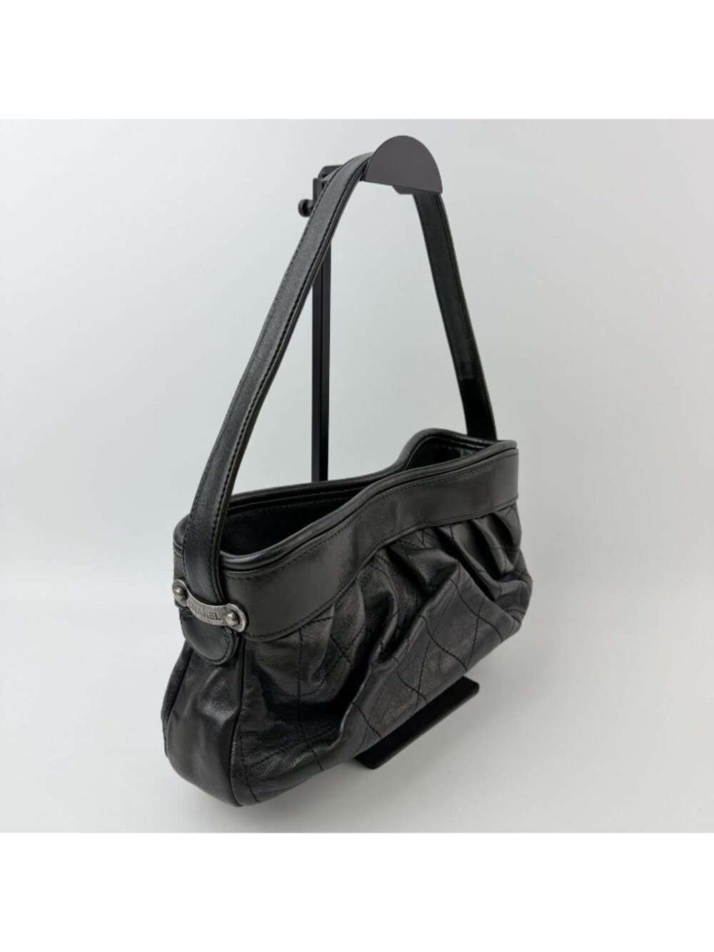 Chanel Quilted Gather Logo Plate Shoulder Bag Leather Black Silver Seal Vintage